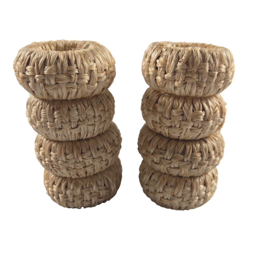 Set of 8 Woven Raffia Napkin Rings Natural Boho Coastal Farmhouse Table Decor